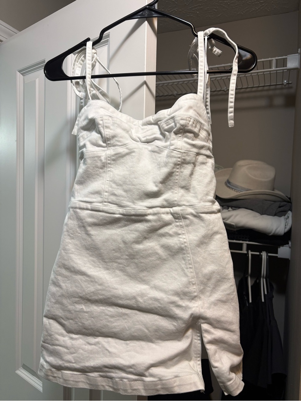 White Tie-Shoulder Denim Romper